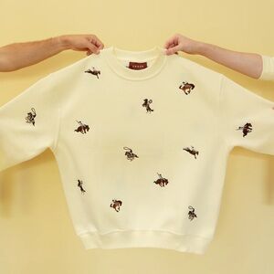 Cream Crewneck Sweater with Rodeo Embroidery